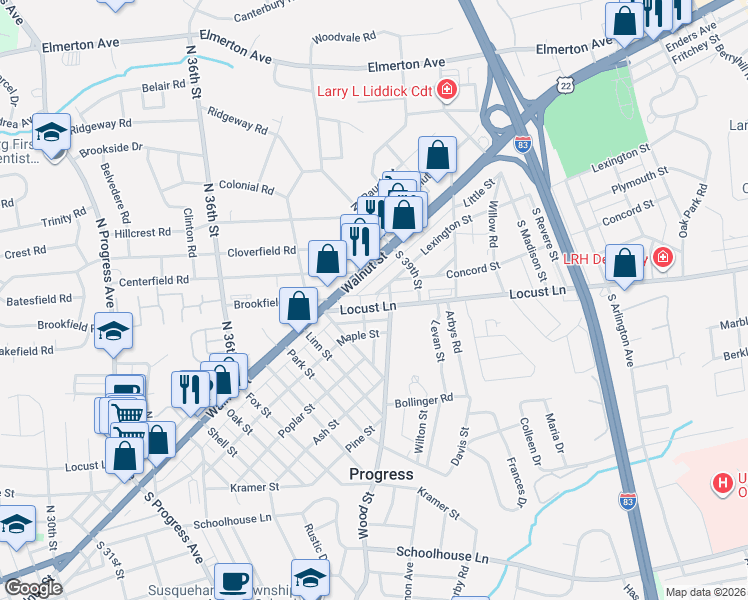 map of restaurants, bars, coffee shops, grocery stores, and more near 3828 Lexington Street in Harrisburg
