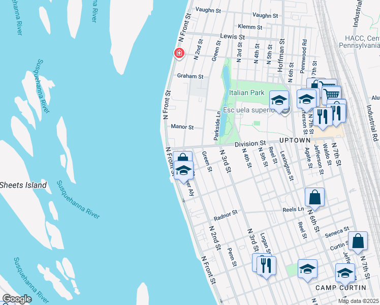 map of restaurants, bars, coffee shops, grocery stores, and more near 2902 Green Street in Harrisburg