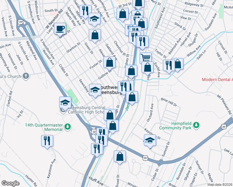 map of restaurants, bars, coffee shops, grocery stores, and more near in Southwest Greensburg