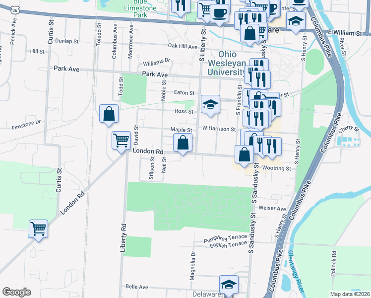 map of restaurants, bars, coffee shops, grocery stores, and more near 17 High Street in Delaware