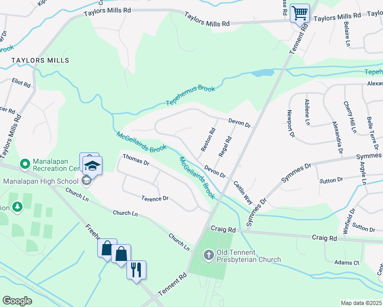 map of restaurants, bars, coffee shops, grocery stores, and more near Devon Drive in Manalapan Township