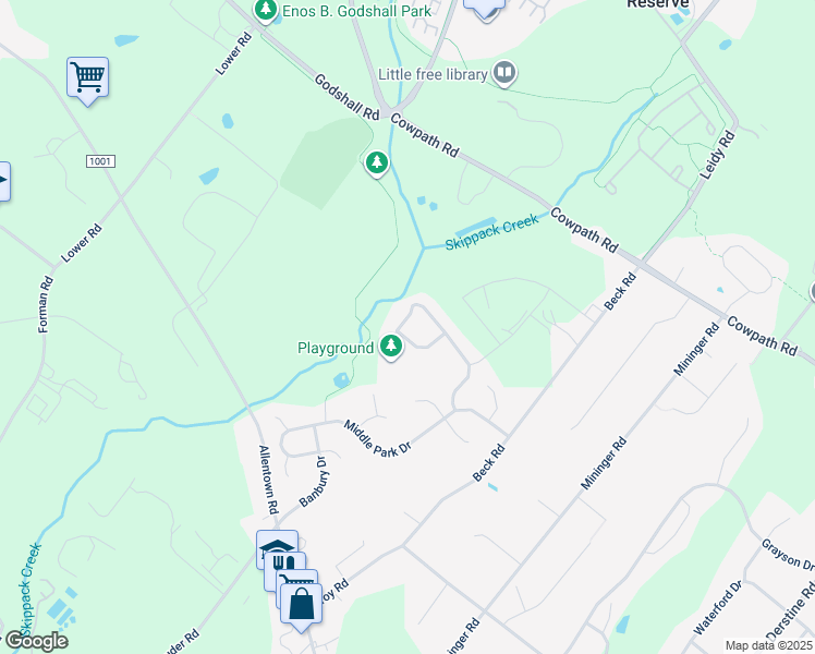 map of restaurants, bars, coffee shops, grocery stores, and more near 559 Creekside Drive in Souderton