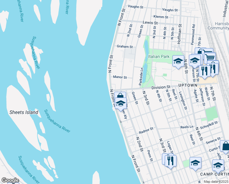 map of restaurants, bars, coffee shops, grocery stores, and more near 2843 North Front Street in Harrisburg