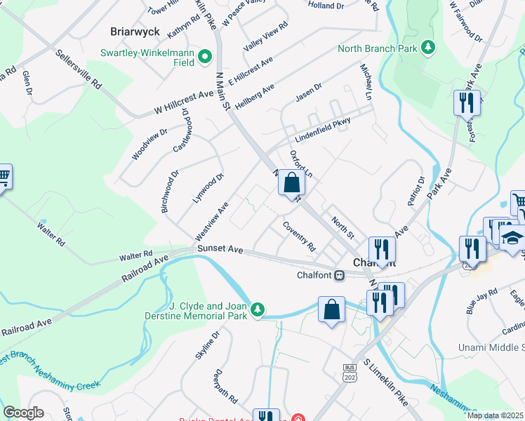 map of restaurants, bars, coffee shops, grocery stores, and more near 38 Ruthies Way in Chalfont