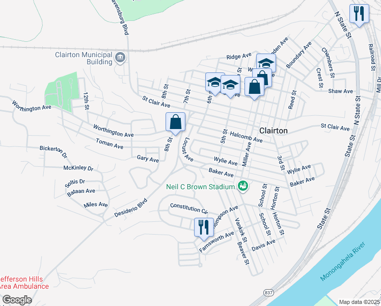 map of restaurants, bars, coffee shops, grocery stores, and more near 556 Mitchell Avenue in Clairton
