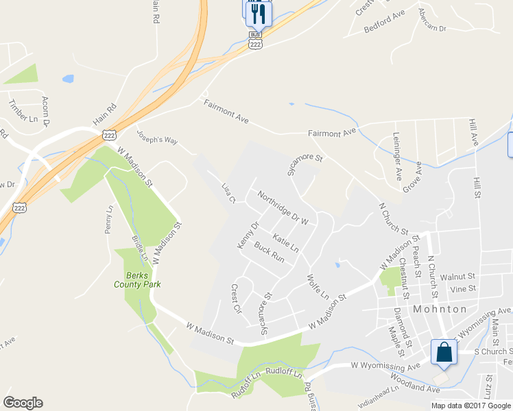 map of restaurants, bars, coffee shops, grocery stores, and more near 1 Ridge Court in Mohnton