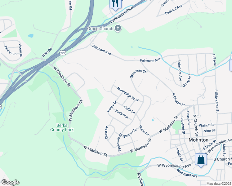 map of restaurants, bars, coffee shops, grocery stores, and more near 1 Ridge Court in Mohnton