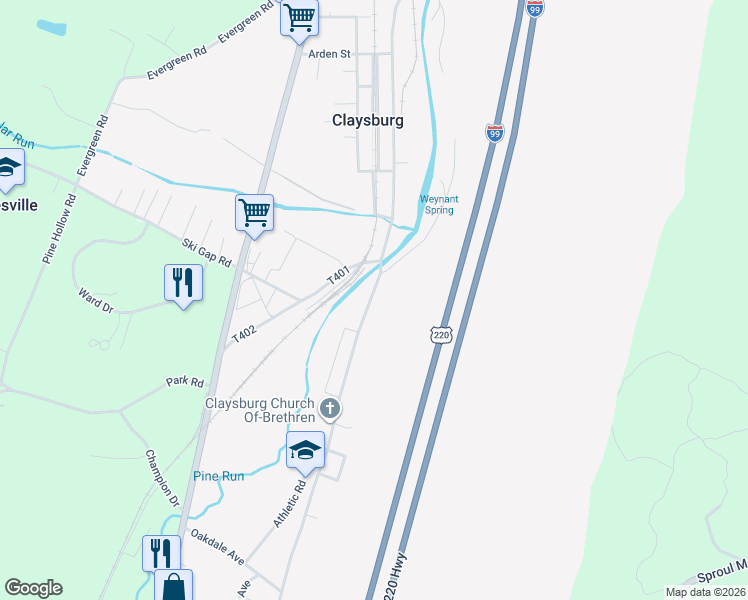 map of restaurants, bars, coffee shops, grocery stores, and more near 704 Bedford Street in Claysburg