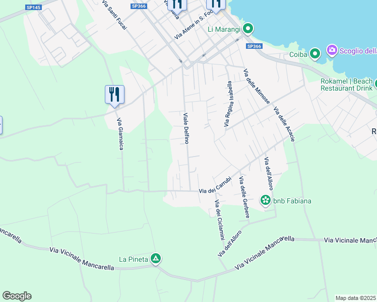 map of restaurants, bars, coffee shops, grocery stores, and more near 57 Viale Delfino in San Foca