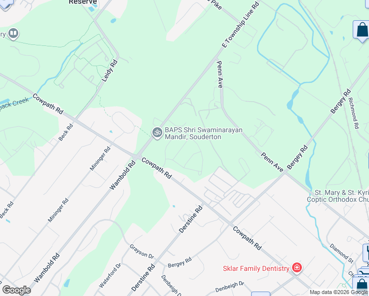 map of restaurants, bars, coffee shops, grocery stores, and more near 3225 Carina Street in Souderton