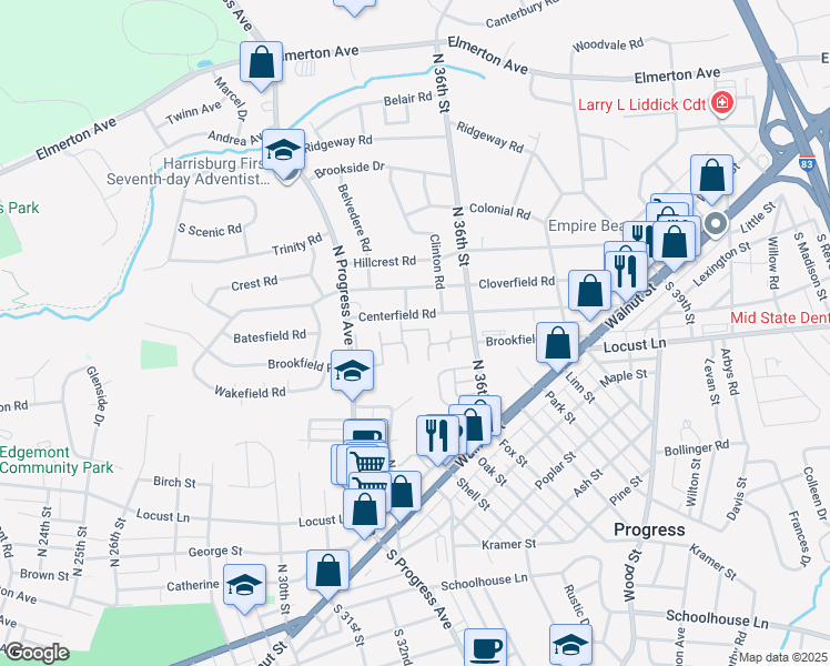 map of restaurants, bars, coffee shops, grocery stores, and more near 3500 Centerfield Road in Harrisburg