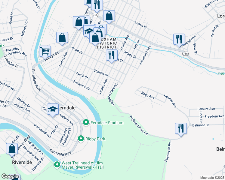 map of restaurants, bars, coffee shops, grocery stores, and more near Webb St in Cambria