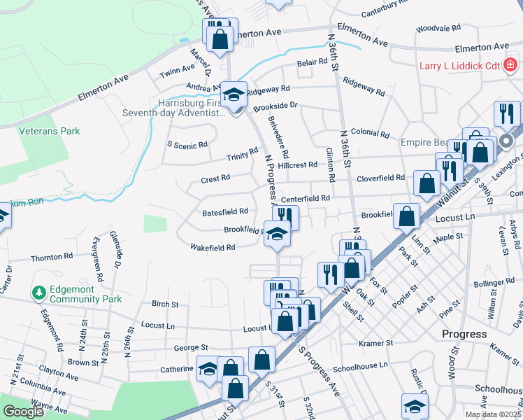 map of restaurants, bars, coffee shops, grocery stores, and more near 309 Wedgewood Road in Harrisburg