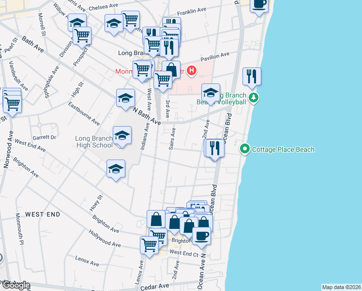 map of restaurants, bars, coffee shops, grocery stores, and more near 18 Coral Place in Long Branch