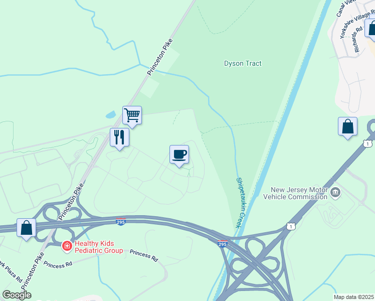 map of restaurants, bars, coffee shops, grocery stores, and more near 10 Meadow Road in Princeton
