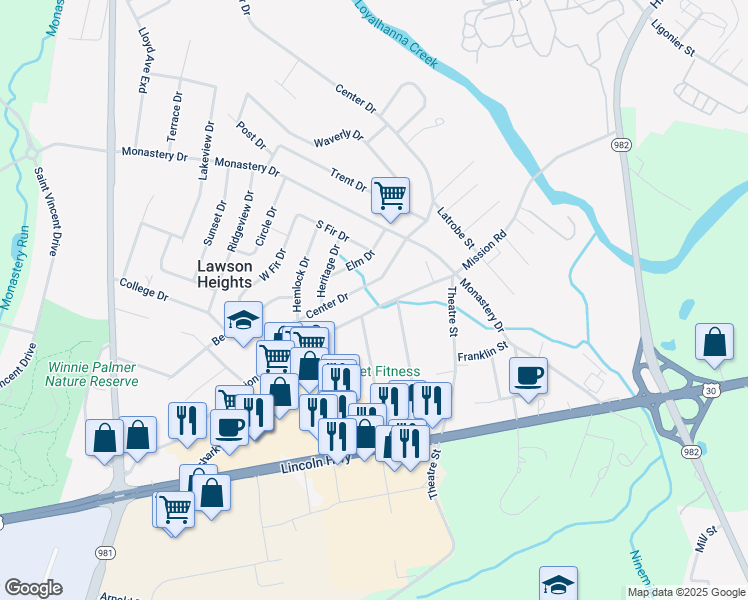 map of restaurants, bars, coffee shops, grocery stores, and more near 5257 Center Drive in Latrobe