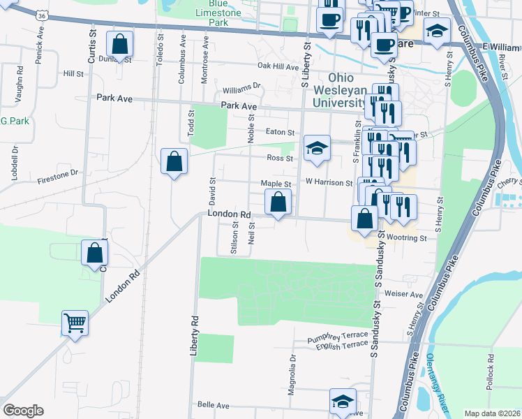 map of restaurants, bars, coffee shops, grocery stores, and more near 57 High Street in Delaware