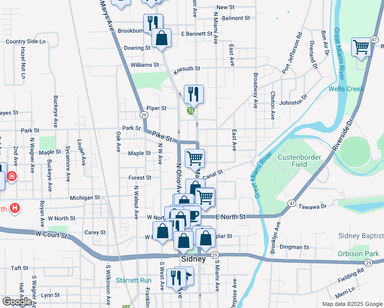 map of restaurants, bars, coffee shops, grocery stores, and more near 537 North Main Avenue in Sidney