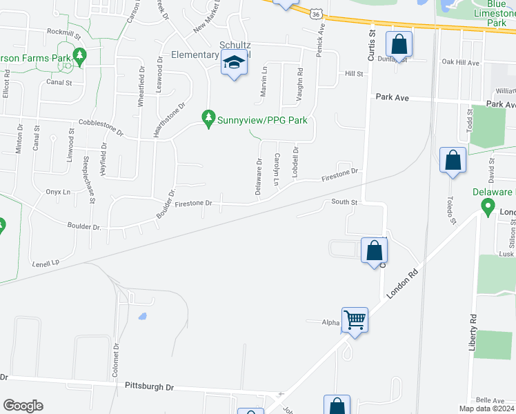 map of restaurants, bars, coffee shops, grocery stores, and more near 167 Firestone Drive in Delaware