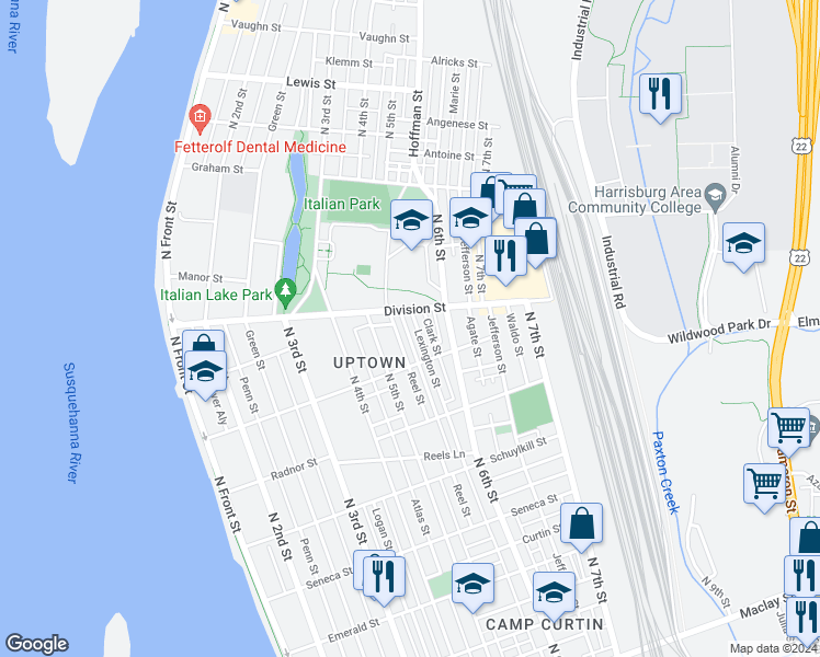 map of restaurants, bars, coffee shops, grocery stores, and more near 2736 Lexington Street in Harrisburg