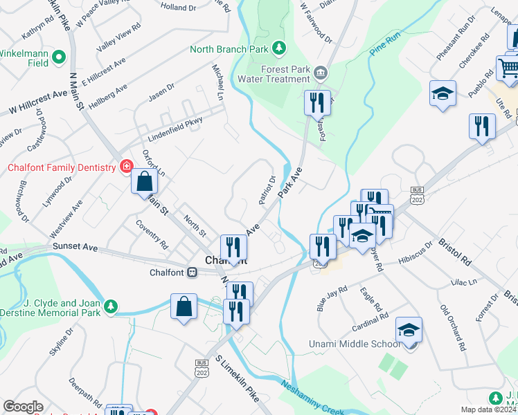 map of restaurants, bars, coffee shops, grocery stores, and more near 89 Patriot Drive in Chalfont