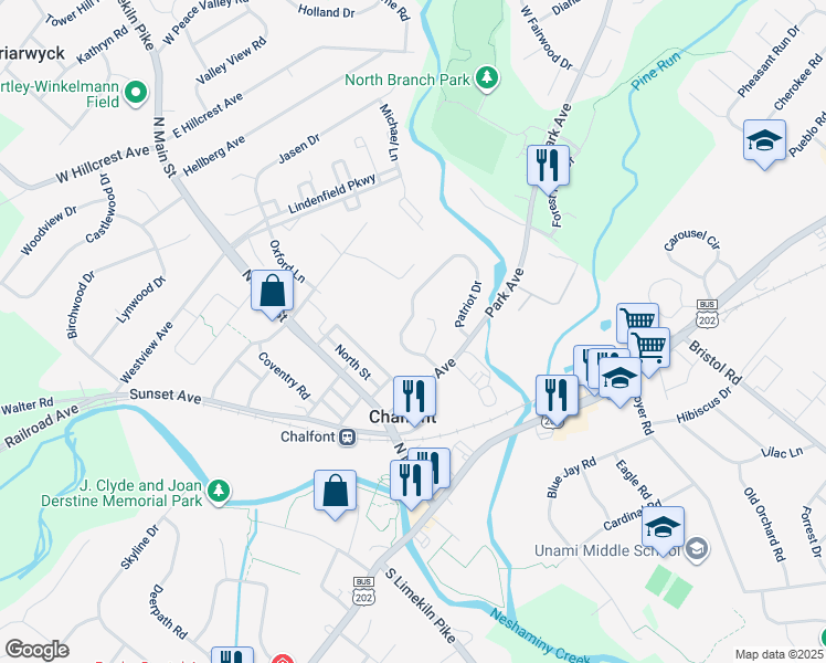map of restaurants, bars, coffee shops, grocery stores, and more near 25 Patriot Drive in Chalfont