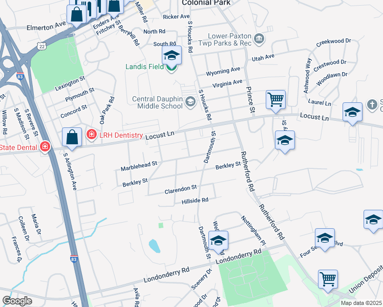 map of restaurants, bars, coffee shops, grocery stores, and more near 10 Hereford Street in Harrisburg