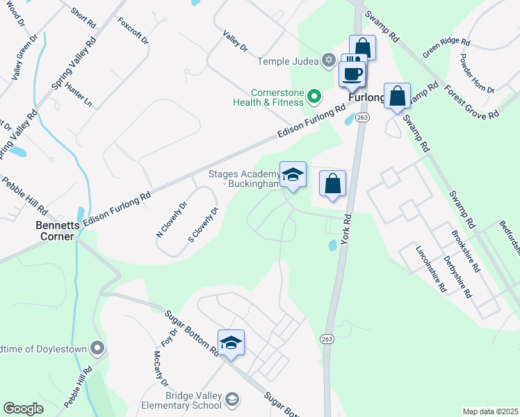 map of restaurants, bars, coffee shops, grocery stores, and more near 3241 Brookside Drive in Furlong