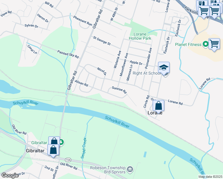 map of restaurants, bars, coffee shops, grocery stores, and more near 208 Sunrise Road in Reading