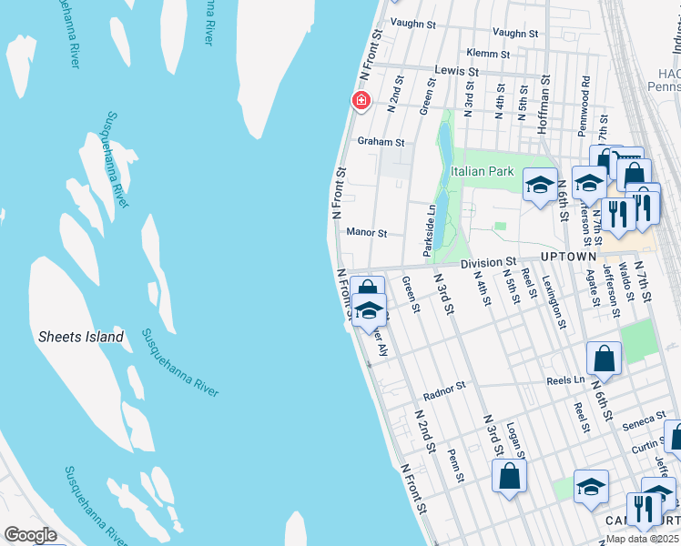 map of restaurants, bars, coffee shops, grocery stores, and more near N Front St & Division St in Harrisburg