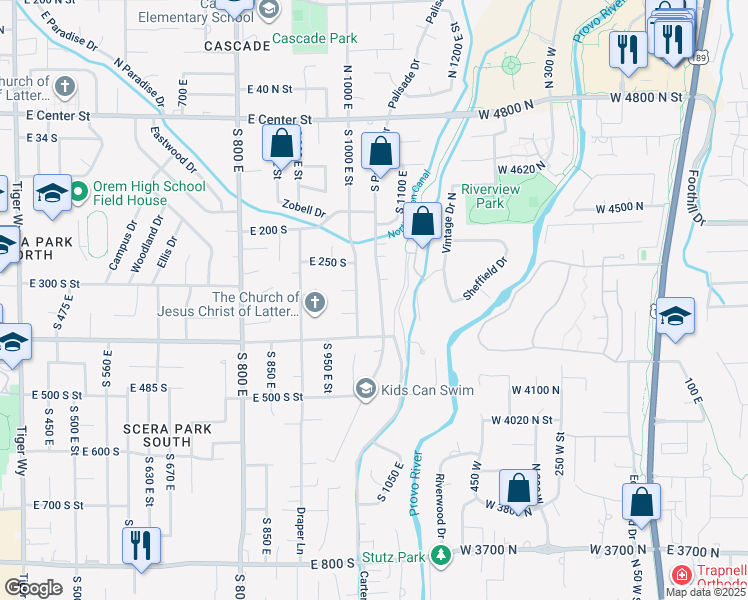 map of restaurants, bars, coffee shops, grocery stores, and more near 318 South Palisade Drive in Orem
