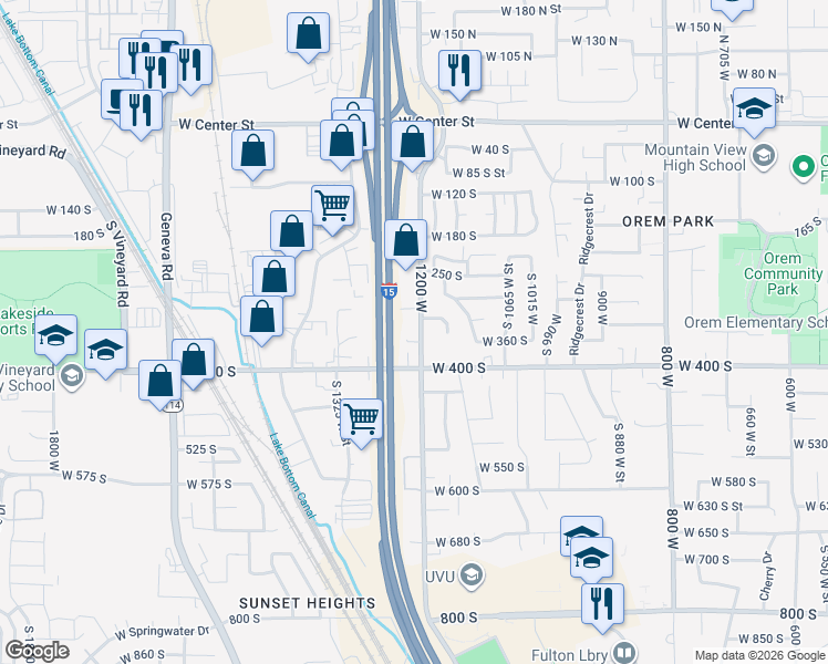 map of restaurants, bars, coffee shops, grocery stores, and more near 300 1200 West in Orem