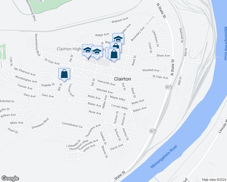 map of restaurants, bars, coffee shops, grocery stores, and more near 348 Halcomb Avenue in Clairton