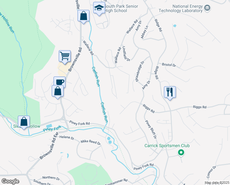 map of restaurants, bars, coffee shops, grocery stores, and more near 650 Hidden Ridge Court in South Park Township