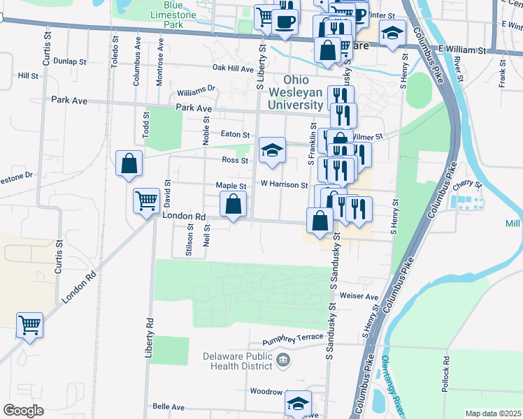 map of restaurants, bars, coffee shops, grocery stores, and more near 247 South Liberty Street in Delaware