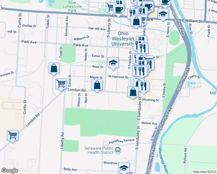 map of restaurants, bars, coffee shops, grocery stores, and more near 253 South Liberty Street in Delaware