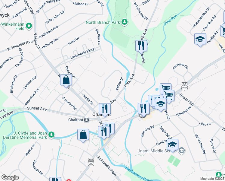 map of restaurants, bars, coffee shops, grocery stores, and more near 109 Independence Way in Chalfont