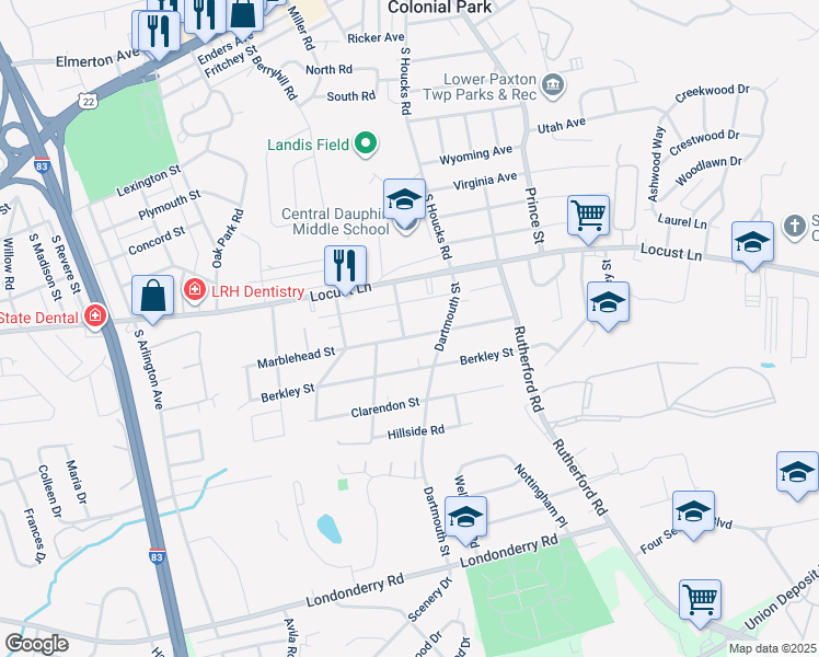 map of restaurants, bars, coffee shops, grocery stores, and more near 10 Hereford Street in Harrisburg