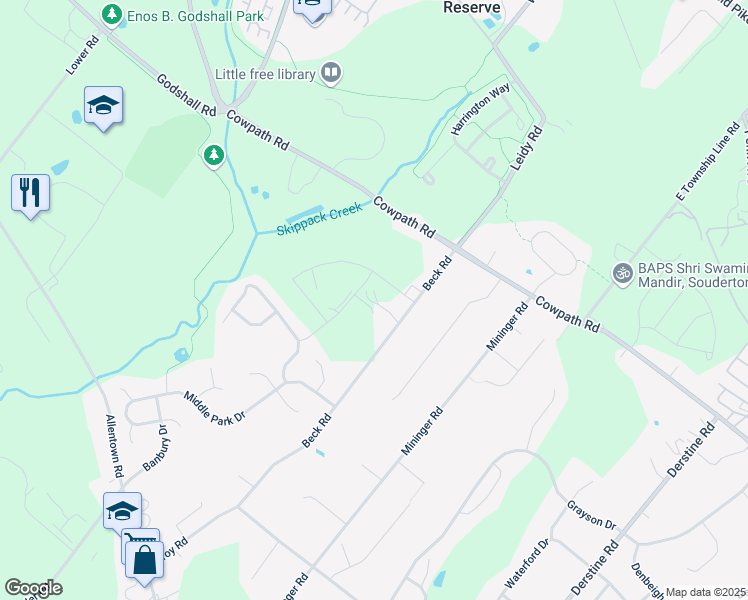 map of restaurants, bars, coffee shops, grocery stores, and more near 449 Beck Road in Souderton