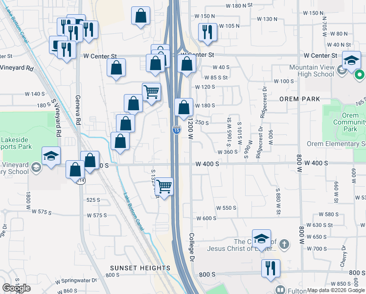 map of restaurants, bars, coffee shops, grocery stores, and more near 350 South 1200 West in Orem