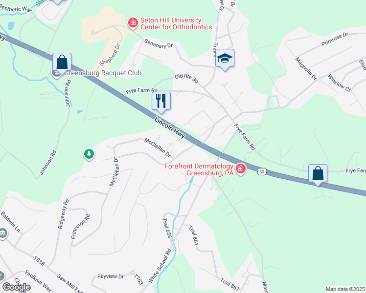 map of restaurants, bars, coffee shops, grocery stores, and more near 3002 Ben Venue Drive in Greensburg