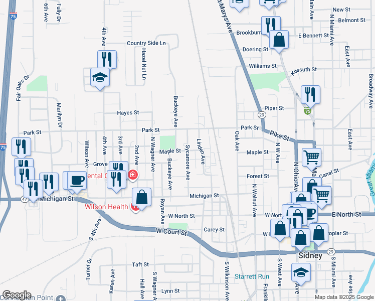 map of restaurants, bars, coffee shops, grocery stores, and more near Maple Street in Sidney