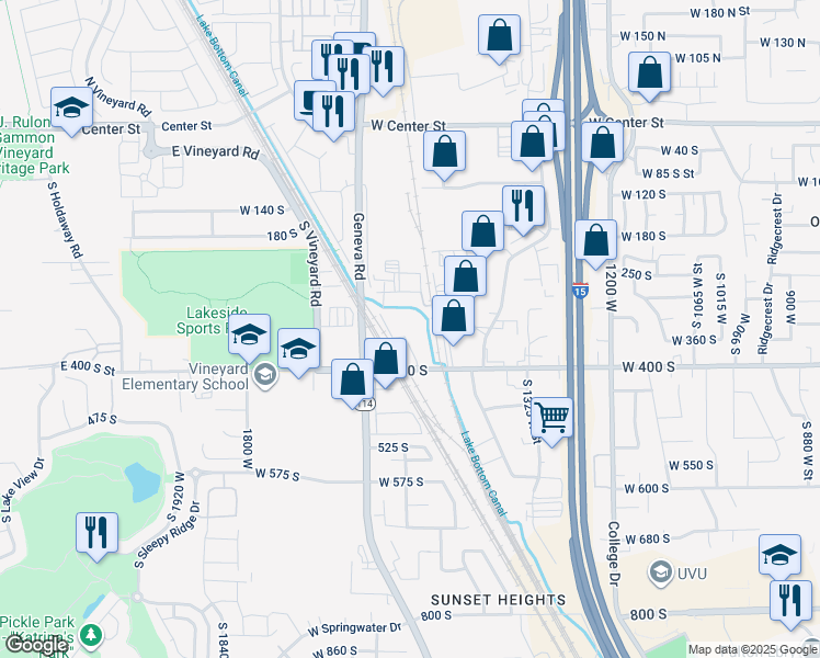 map of restaurants, bars, coffee shops, grocery stores, and more near 1510 400 South in Orem