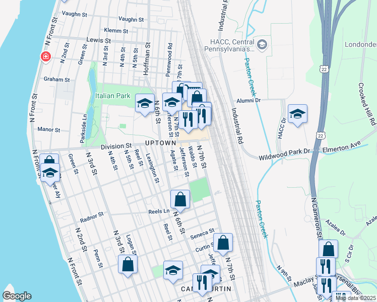 map of restaurants, bars, coffee shops, grocery stores, and more near 2702 Waldo Street in Harrisburg