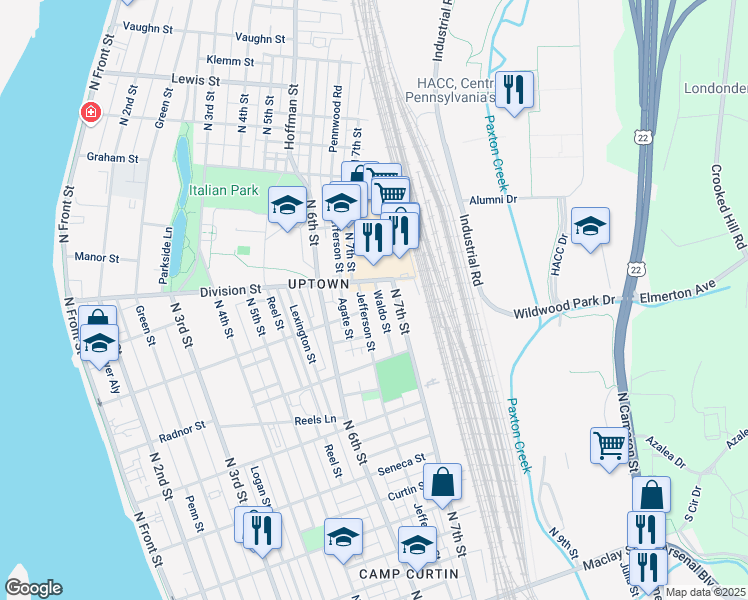 map of restaurants, bars, coffee shops, grocery stores, and more near 2702 Waldo Street in Harrisburg