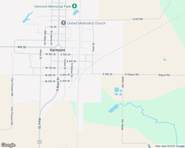 map of restaurants, bars, coffee shops, grocery stores, and more near East 8th Street in Vermont