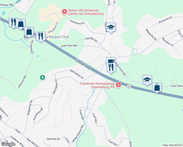 map of restaurants, bars, coffee shops, grocery stores, and more near 3002 Ben Venue Drive in Greensburg