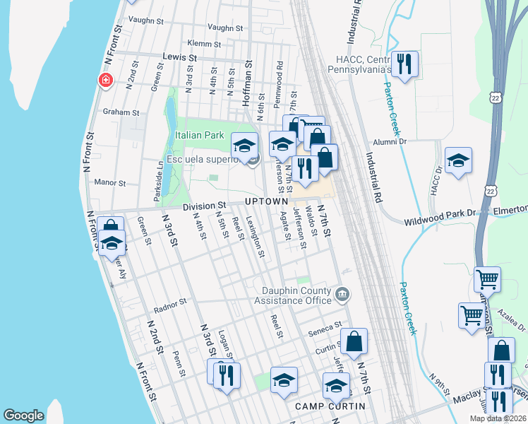 map of restaurants, bars, coffee shops, grocery stores, and more near 2727 North 6th Street in Harrisburg