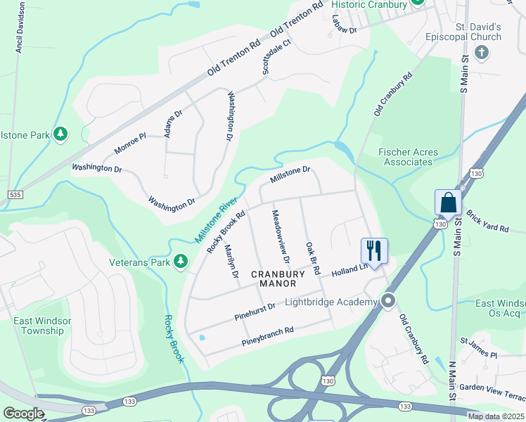map of restaurants, bars, coffee shops, grocery stores, and more near 30 Rocky Brook Road in East Windsor