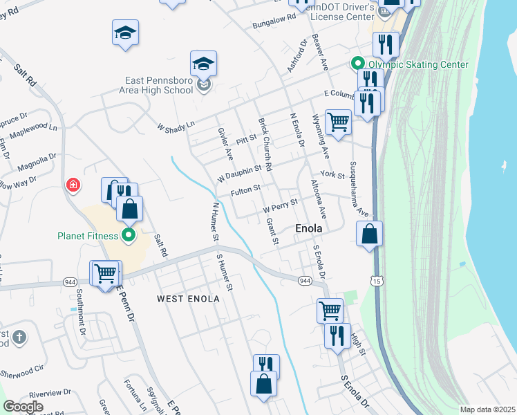 map of restaurants, bars, coffee shops, grocery stores, and more near 106 Grant Street in Enola